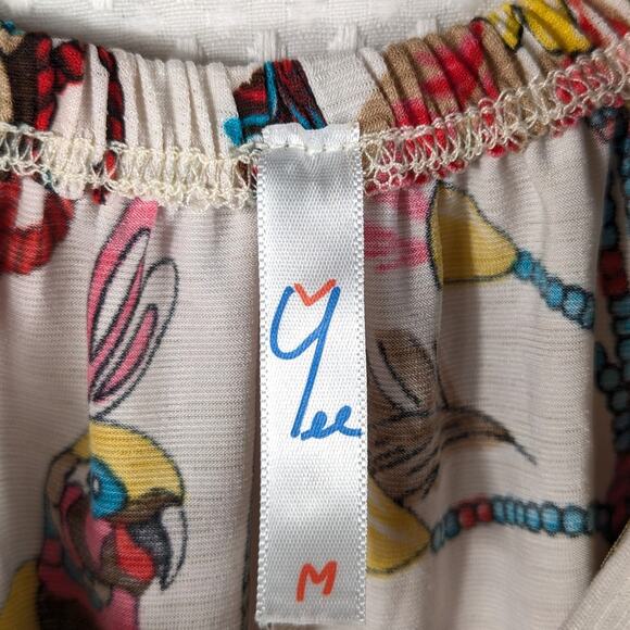 Y-Liee M Made in USA Multicolor Parrot Feather Print Dress Flutter Sleeve Boho - Picture 4 of 6